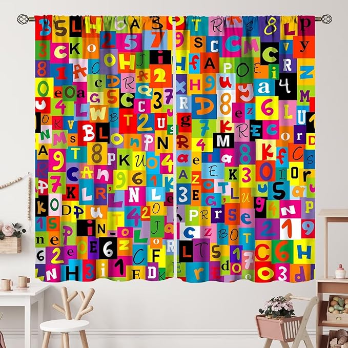 ABC Alphabet Curtains Colorful Art Patchwork Alphabet Graffiti Cartoon Print Curtain with Rod Pocket for Bedroom Living Room Home Decor Drapes Window Treatments 2 Panels Set 42" W X 63" L