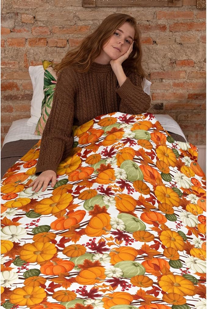 Thuswarm Autumn Harvest Pumpkins Print Flannel Blanket for Autumn Winter Gifts Warm Cozy Soft Funny Print Throw for Bed Couch Sofa 50”×40” Small for Kid