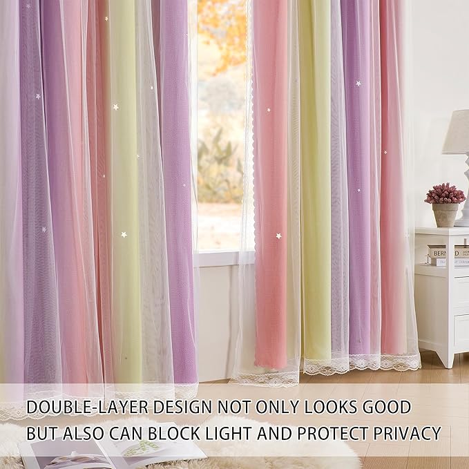 XiDi Pink Yellow Curtains for Girls Bedroom Decor Kids Blackout Curtains for Nursery Room Darkening Rainbow Princess Unicorn Wall Decals Little Girl Pink Yellow Purple 34x54 Inches Long 2 Panels Set