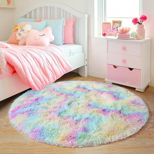 5'x5' Rainbow Round Rugs for Girls Bedroom, Ultra Soft Fluffy Circle Rug for Kids Room, Cute Shag Rugs for Living Room Playroom Tent Castle Home Decor Rug