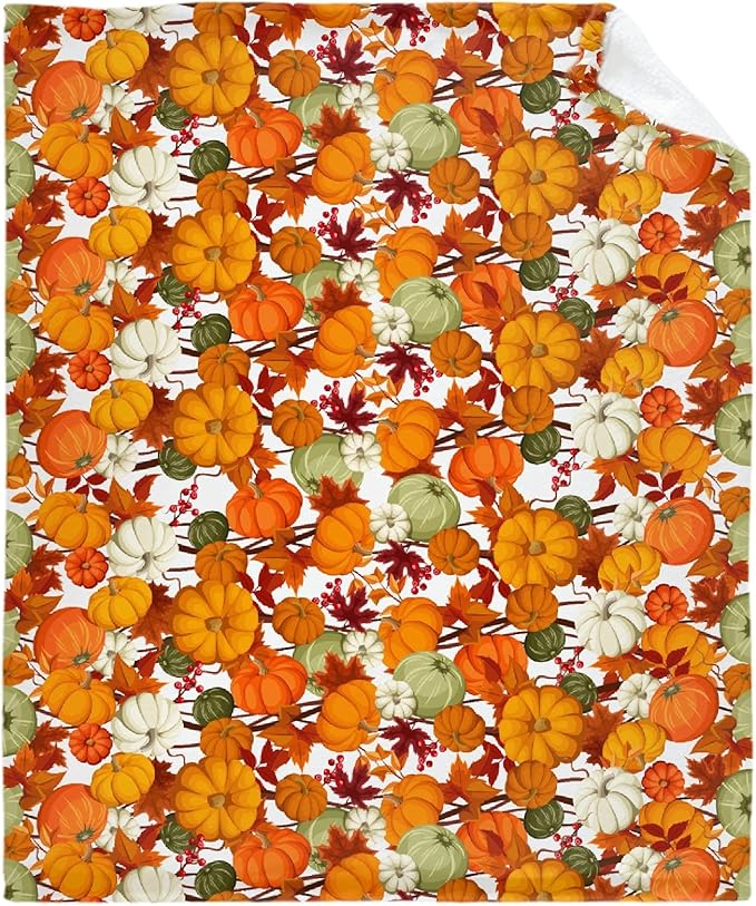 Thuswarm Autumn Harvest Pumpkins Print Flannel Blanket for Autumn Winter Gifts Warm Cozy Soft Funny Print Throw for Bed Couch Sofa 60”×50” Medium for Teen
