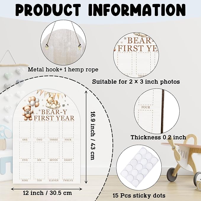 My First Year Photo Board, Bear-Y First Year Baby Milestone Signs for Boys Girls Nursery Decor, 12 Month Wooden Pictures Board for 2x3 Photos, Best Babies Keepsake Gifts-A04
