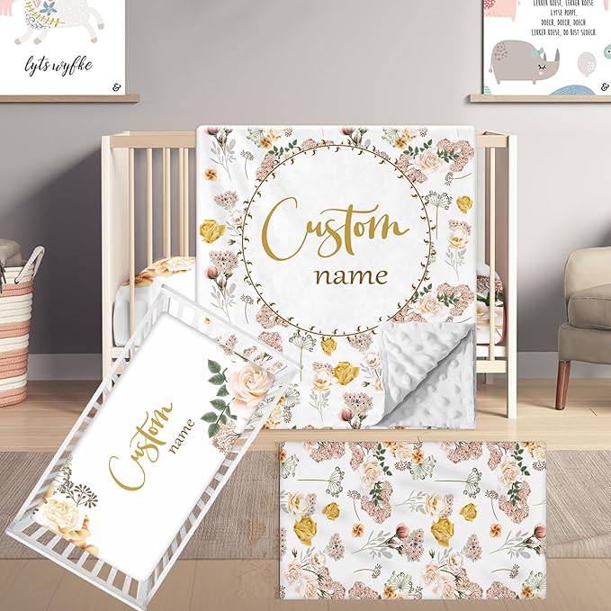 Custom Name Crib Bedding Set, 3 Pcs Personalized Baby Crib Bedding Set, Soft Flower Nursery Crib Sets for Boys Girls, Double Layer Toddler Bedding Set Customized Gifts for Newborn Kids
