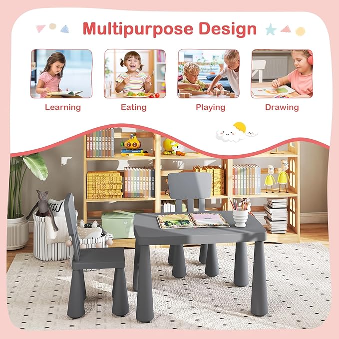 HONEY JOY Kids Table and Chair Set, Plastic Children Activity Table and 2 Chairs for Art Craft, Easy-Clean Tabletop, 3-Piece Toddler Furniture Set for Daycare Playroom, Gift for Boys Girls (Grey)