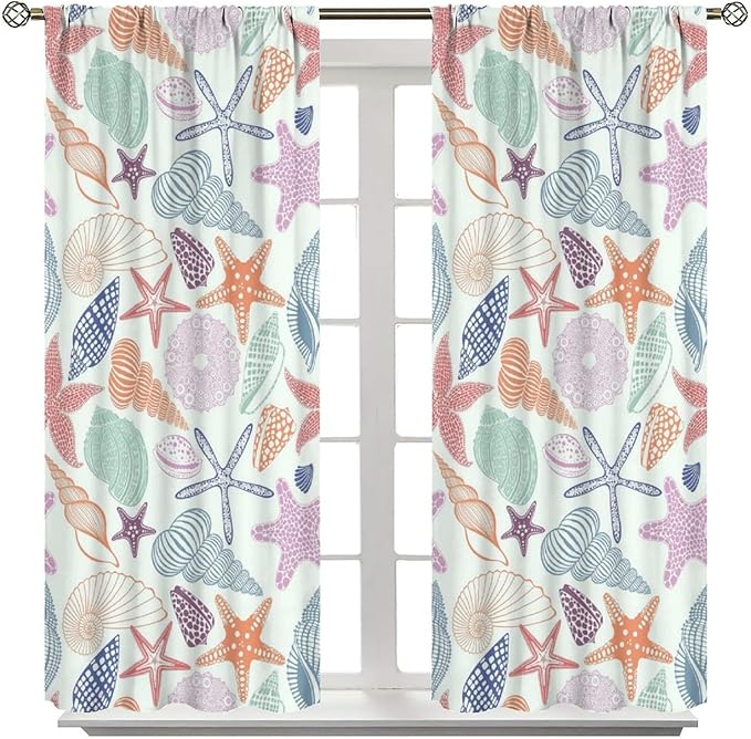 Coastal Nautical Curtains,Colorful Starfish Seashell Beach Sea Starfish Seashell Theme Pattern Blackout Print Home Bedroom Living Room Window Treatmen 2 Panel Set 55x63 Inch