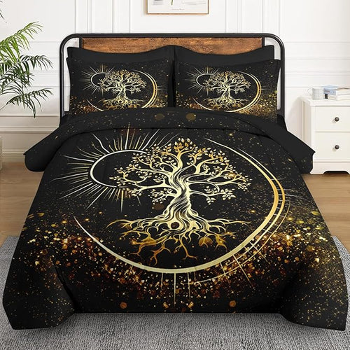 7 Pcs King Size Comforter Set with 2 Pillowcases & 2 Shams, Black Sun and Moon Bedding for Kids and Adults, Nature Tree of Life Bed in a Bag with Flat Fitted Sheet
