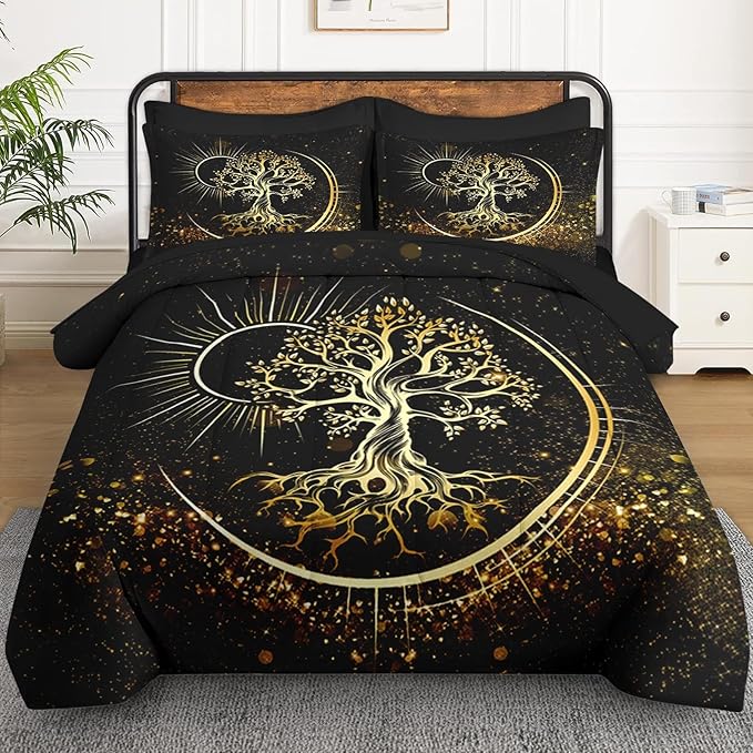 7 Pcs Queen Size Comforter Set with 2 Pillowcases & 2 Shams, Black Sun and Moon Bedding for Kids and Adults, Nature Tree of Life Bed in a Bag with Flat Fitted Sheet