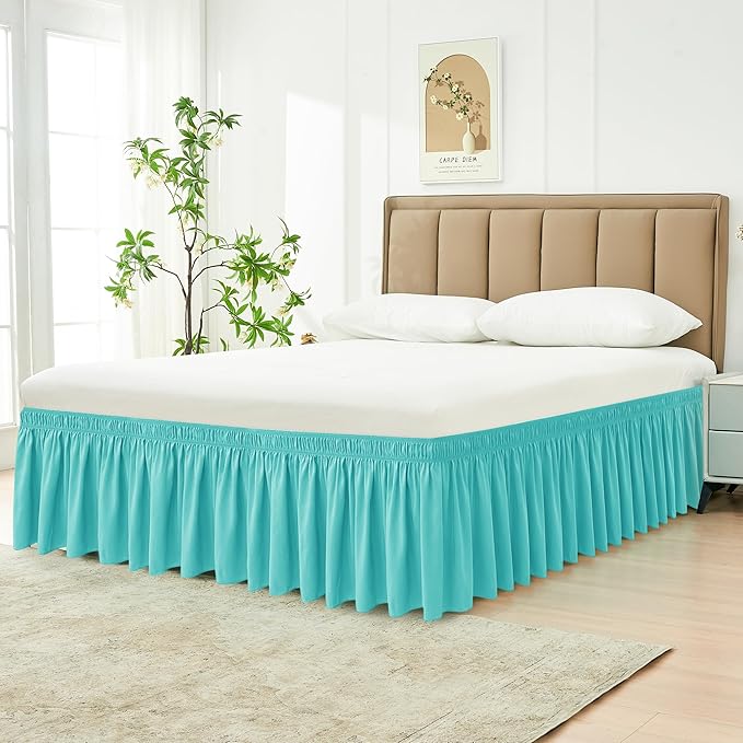 Biscaynebay Wrap Around Bed Skirts for Queen Beds with Short Drop of 12", Aqua Adjustable Elastic Dust Ruffles Easy Fit Wrinkle Resistant Silky Luxurious Fabric Machine Washable
