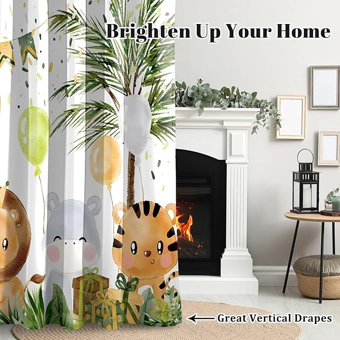Renaiss 26 x 36 Inch Rainforest Safari Animal Curtains African Jungle Tropical Lions Tigers Elephants Giraffes Palm Trees Pattern Polyester Fabric Grommet Window Drapes for Nursery Bedroom 2 Panels