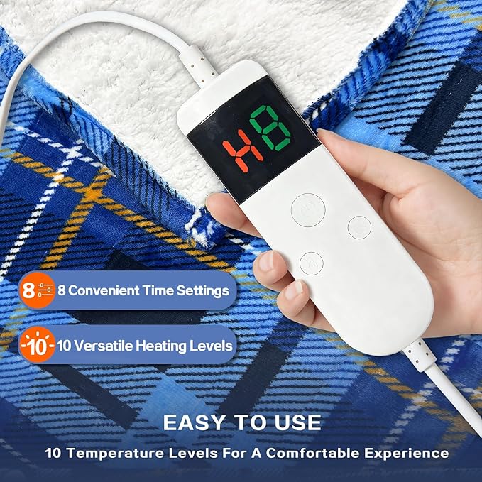 Electric Blanket Heated Queen, Soft Flannel 90"x84" Plaid Heating Blanket with 8 Hours Auto Off 10 Fast Heating Levels Machine Washable Sherpa Heated Blanket with Overheating Protection