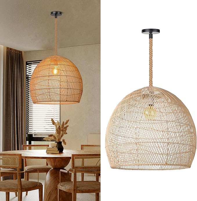 Arturesthome Large 23.6in Rattan Pendant Light for Kitchen Island, Woven Rope Lamp Shade, Hanging Ceiling Light Shade, Handmade Lampshade Chandelier for Dining Room