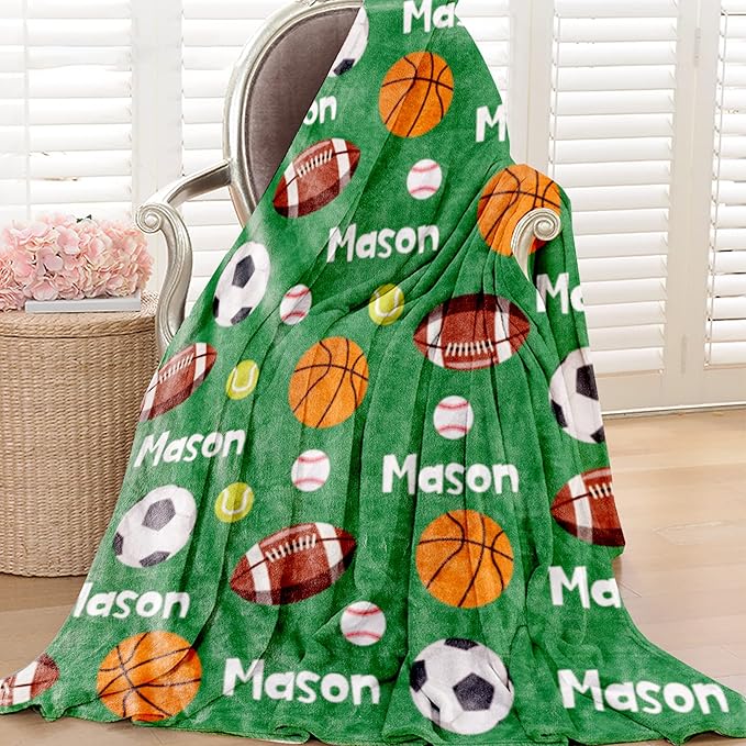 Personalized Ball Blanket with Name for Boys, Custom Name Blanket for Teen Ball, Soft Flannel Customized Gift for Birthday 50"x60"