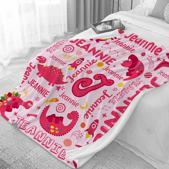 Dinosaur Lover Astronaut Personalized Blanket with Name Custom Pink Dinosaur with Name Flannel Blanket Soft Throw Meaningful Gift for Toddlers Girls Boys Kids Pets 50 * 40" S for Kid