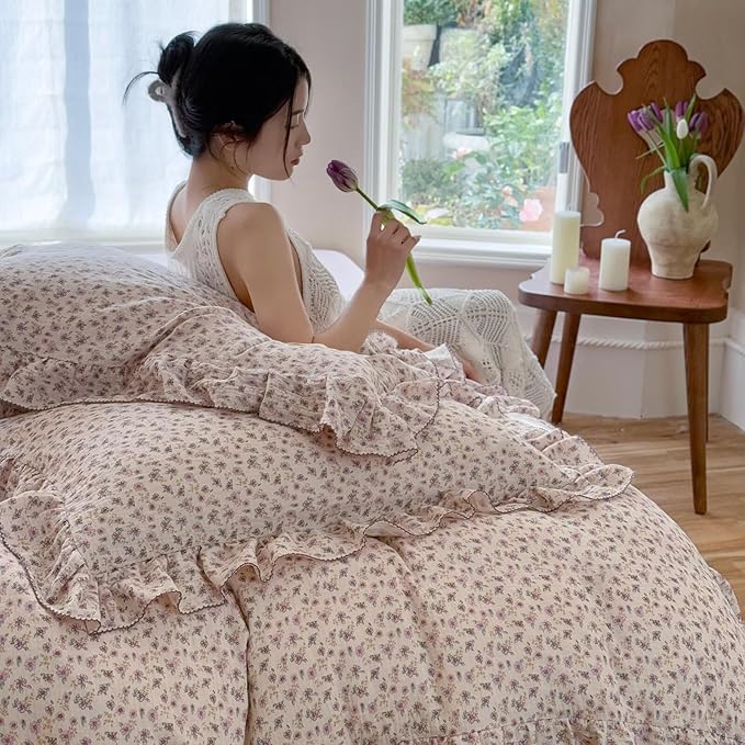 BuLuTu Vintage Purple Floral Duvet Cover Queen, Muslin Cotton Comforter Cover, Soft Lightweight Farmhouse Bedding Ruffles Quilt Covers 90"x90", Zipper & Corner Ties, No Pillow