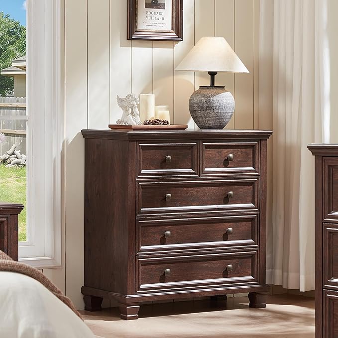 Farmhouse Bedroom Dresser and Nightstand Set of 4, 6 Drawer Tall & 5 Drawers Dresser & 2 Drawer Nightstand Set, Rustic Wood Furniture Set for Bedroom, Hallway, Walnut