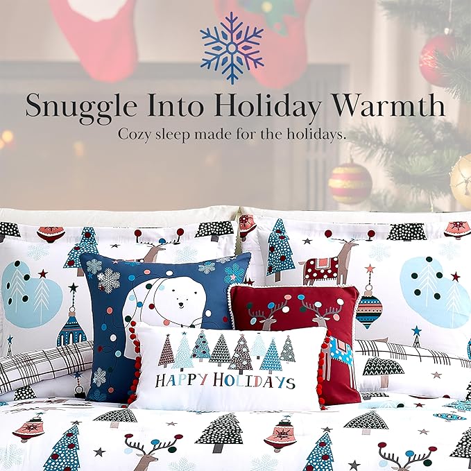 Southshore Fine Living, Inc. 6-Piece Oversized Christmas Bedding Cal King/King, Reversible Christmas Comforter Set King w/Shams and Throw Pillows, Reindeer Print, Red Plaid - Winter Wonderland