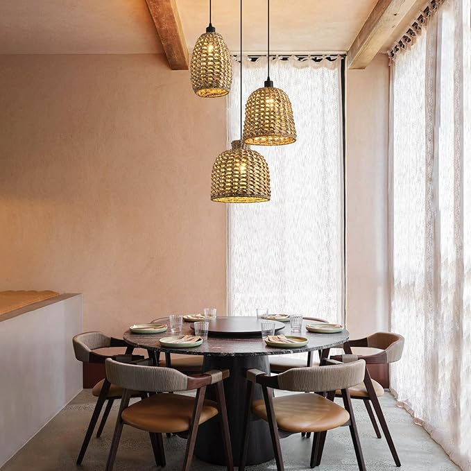 Rattan Pendant Lights,3-Light Wicker Coastal Chandelier Hand-Woven Boho Hanging Light,Kitchen Island Farmhouse Dining Room Living Room