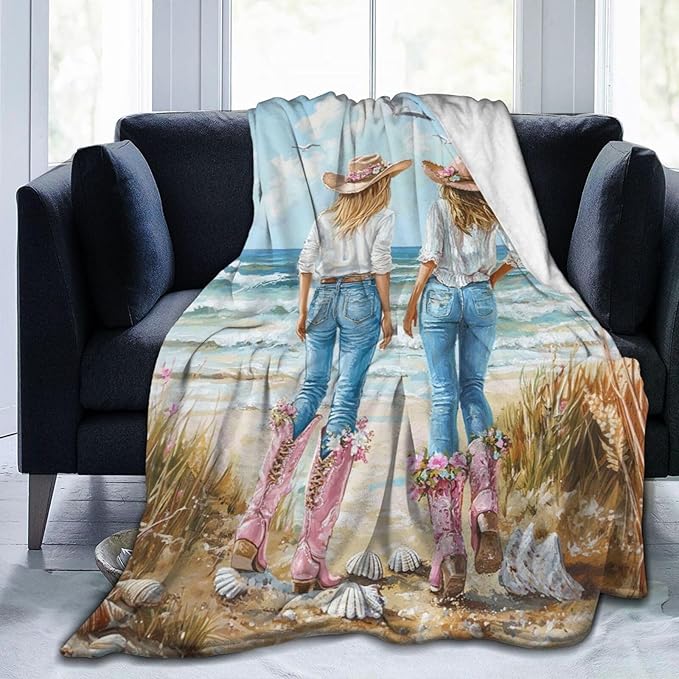 Coastal Cowgirl Blanket Cowgirl Beach Decor Throw Blanket Super Soft Flannel Lightweight Fluffy Plush Fuzzy Fleece Western Blanket Gifts for Girl Woman Boys Kids Adults Man for Bed Sofa 40"X50"