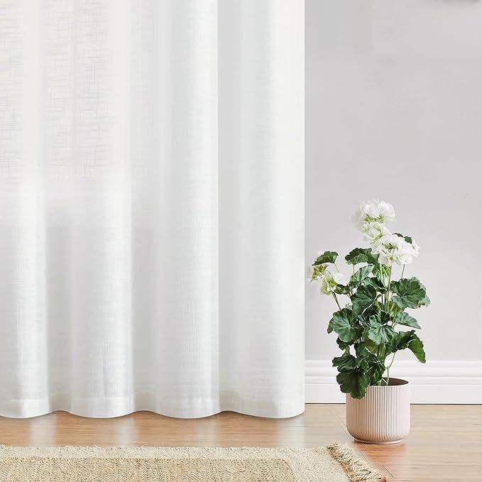 FMFUNCTEX Linen Semi Sheer Curtains for Bedroom, White Curtains 63 Inch Length for Living Room, Country Farmhouse Sheer Drapes, Light Filtering Window Curtain, Grommet Top 2 Panels