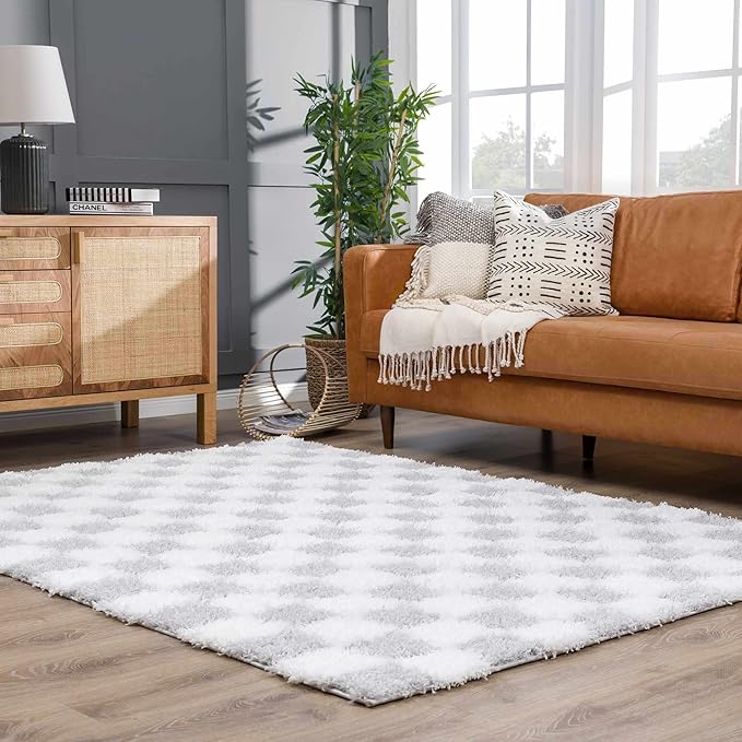 BoutiqueRugs Atira Modern Checkered Shag Runner Rug - High Pile Fluffy Shaggy Carpet - Kids Room, Hallway, Bedroom Shag - Light Gray, Cream, White - 2'7" x 7'3" (2x8)