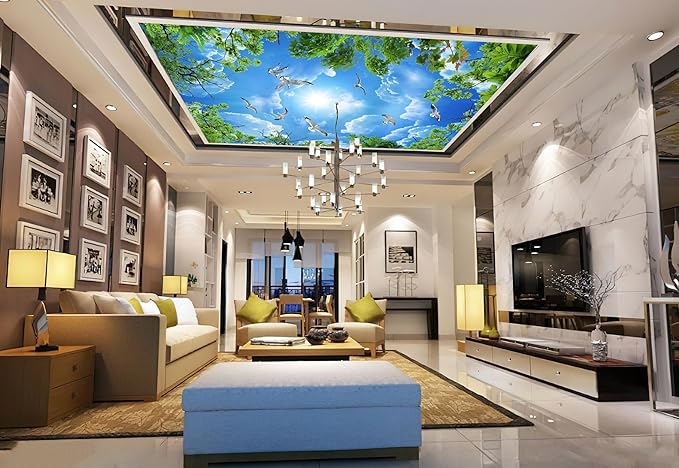 Sky Seagull Green Tree Ceiling 3D Wall Mural Wallpaper 178" x 117"