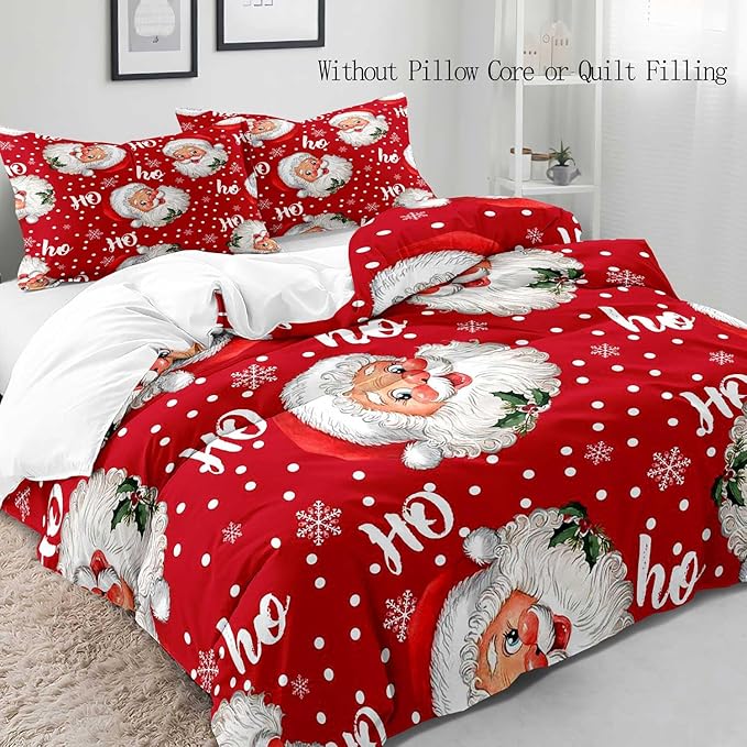LUVIVIHOME 2PCS Santa Claus Duvet Cover Twin Bedding Sets, Red Duvet Cover, Christmas Bedding, Polka Dot Snowflake Holiday New Year Xmas Gifts Christmas Comforter Bedspread Quilt Cover, 1 Pillow Case