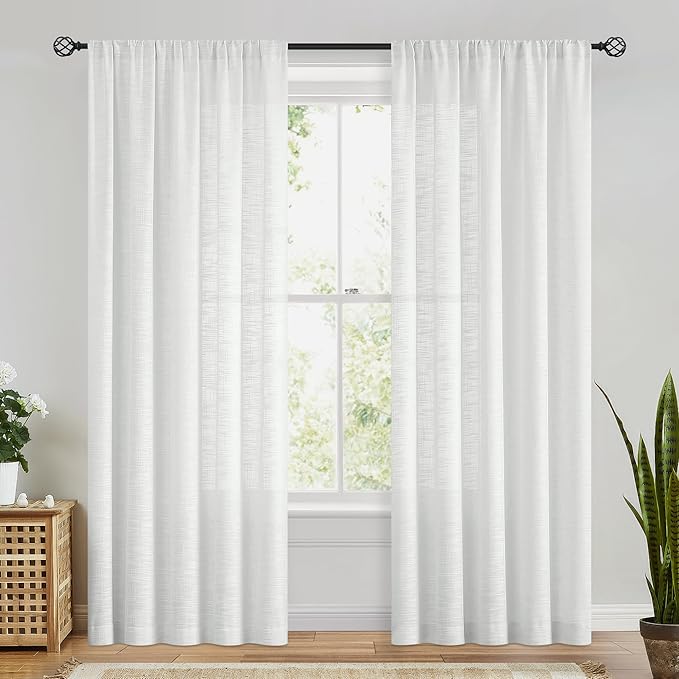 FMFUNCTEX Linen Semi Sheer White Curtains for Bedroom Living Room, Curtain Panels 90 Inches Long Sheer Linen Textured Window Drapes Farmhouse Light Filtering 2 Panels Rod Pocket