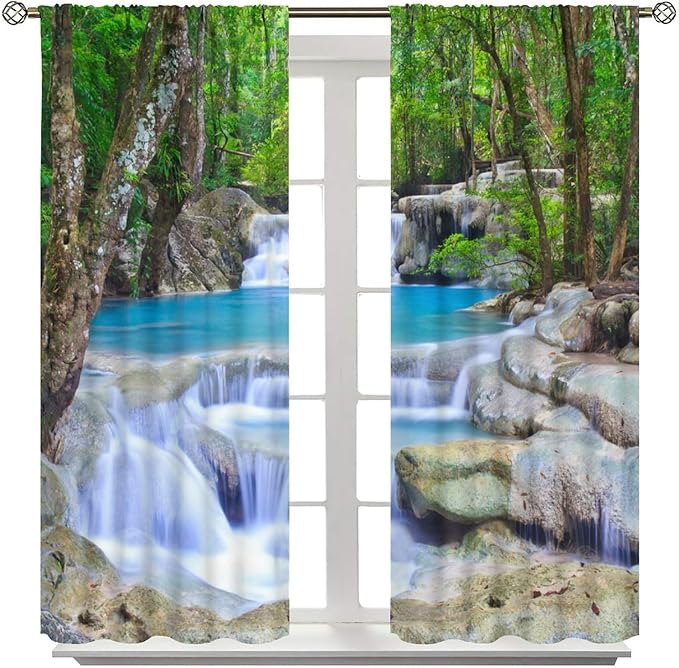 Forest Waterfall Blackout Curtains, Spring Nature Theme Natural Scenery Mountain Scenery Rod Pocket Window Drapes, for Bedroom Living Room 84" W X 84" L