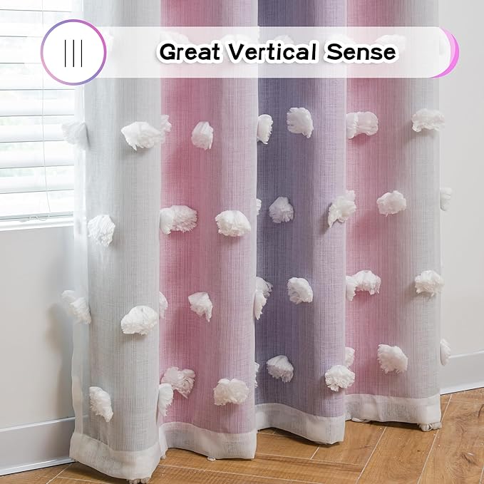 MYSKY HOME Double Layer Curtains for Girls Bedroom Pink Purple Curtains for Daughter Room Ombre Kids Curtains White Pom Pom Sheer Drapes 63 Inches Length Room Darkening Grommet 2 Panels W52 X L63