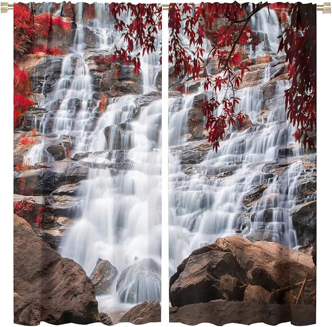 Waterfall Blackout Windows Curtains, Waterfall Red Forest Pattern Nature View Curtains, for Living Room Bedroom 84x84in 2 Panels