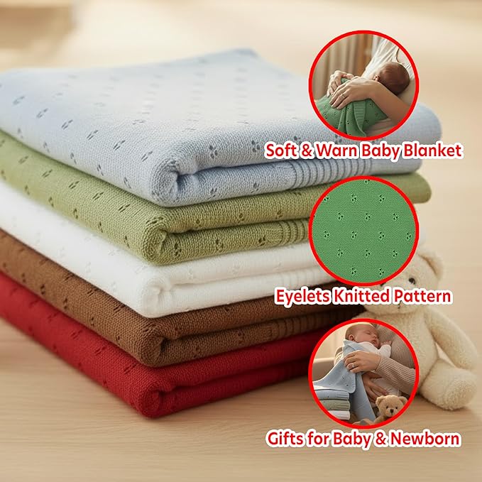 Baby Knit Blanket, 100% Cotton Eyelet Patterns, Soft, Cozy, Lightweight Swaddle for Newborn & Infant Swaddling Beige Neutral, Perfect Baby Shower Ideas Green 30x30
