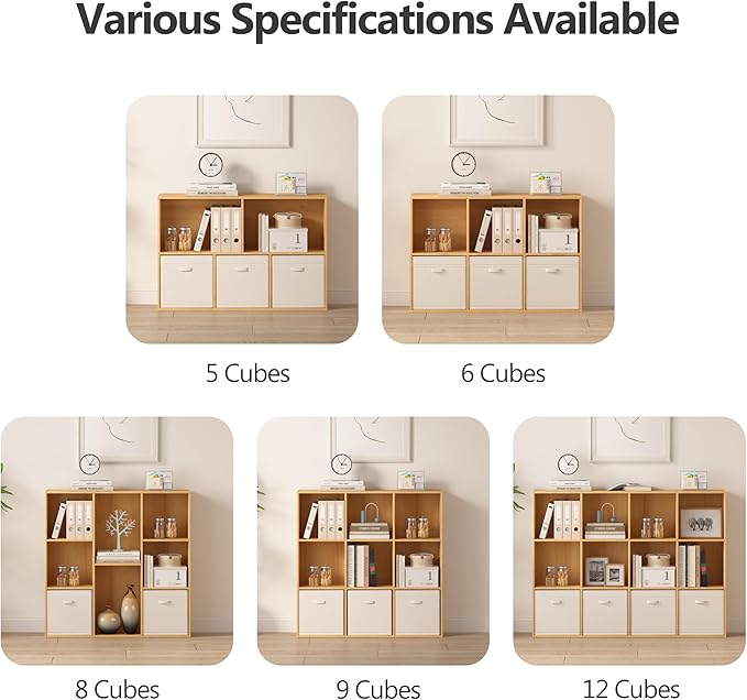 Bookshelf 9-Cube Storage Organizer, Sturdy Wooden Bookcase with Closed Back Panel, Multipurpose Display Shelf for Home Office, Bedroom, Study, 35.98" L x 9.45" W x 35.91" H, Natural Wood