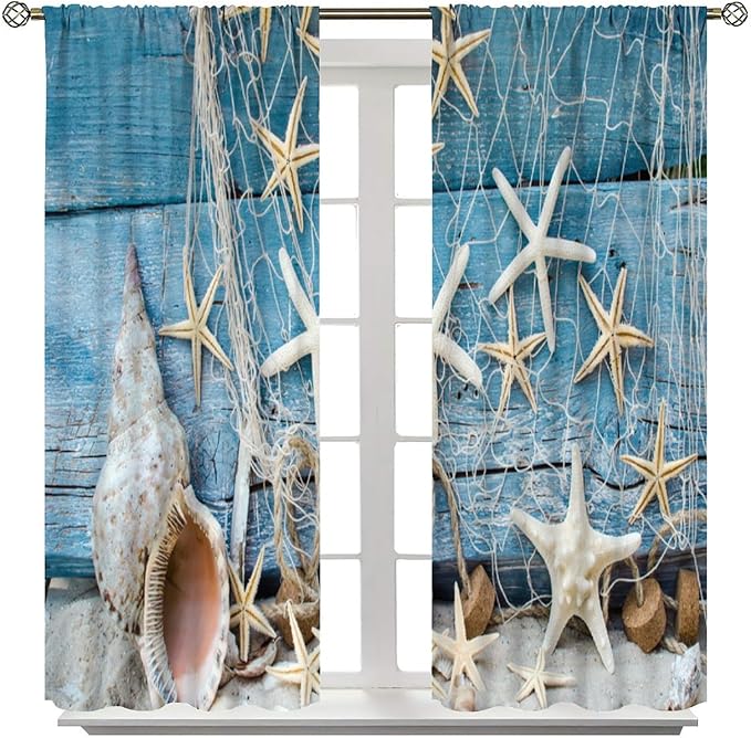 Marine Life Blackout Curtains Watercolor Water Grass Shell Print Curtains for Living Room Bedroom Privacy Curtains 42x63 Inches