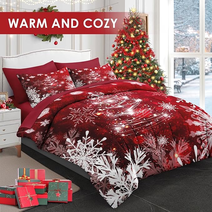 7 Pcs Queen Size Christmas Comforter Set with 2 Pillowcases & 2 Shams, Red Glitter Xmas Tree Bedding for Kids and Adults, White Elegant Snowflake Bed in a Bag with Flat Fitted Sheet