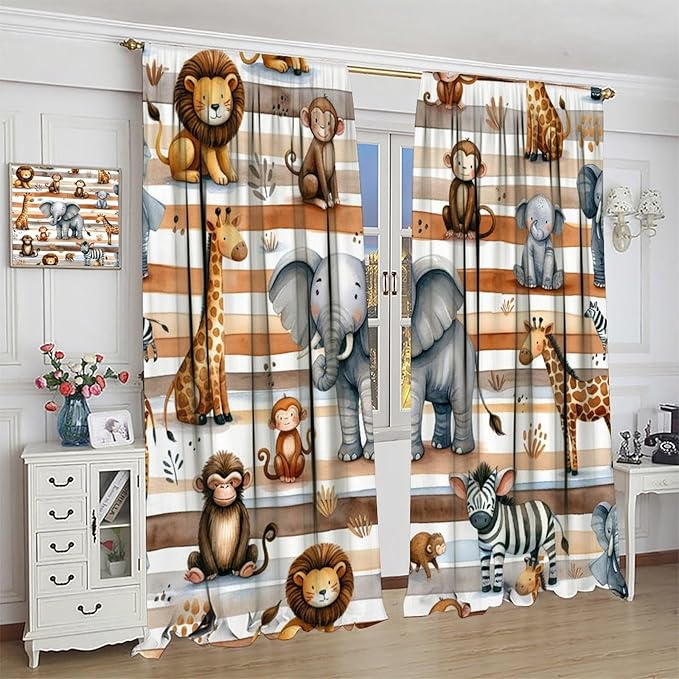 Kids Animal Curtains Elephants Giraffes Monkeys Lions Zebras Window Treatment for Kids Boys Girls Nursery Baby Bedroom Playroom Home Decor Window Drapes 63" W X 63" L