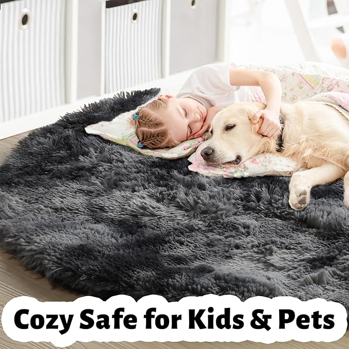 Amdrebio Tie-Dyed Dark Grey Round Rug 4Ft for Bedroom Dorm, Soft Furry Shaggy Circle Area Rugs for Living Room Office, Shag Fluffy Fuzzy Carpet for Kids Teen Boys Mens, Modern Cool Floor Circular Rug