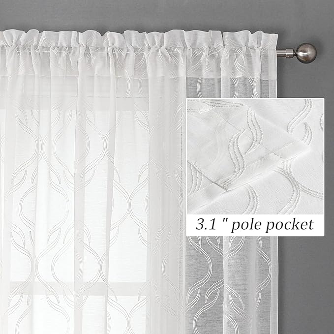 VISIONTEX Sheer Curtains 63 Inches Long 2 Panels Set, White Moroccan Embroidery Texture Geometric Rod Pocket White Voile Tulle Semi Window Treatment Pair for Bedroom, W54 x L63