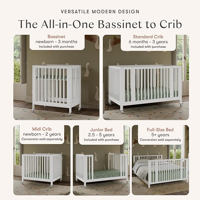 babyletto Rolli Convertible All-Stages® Bassinet and Full-Size Crib in White, Greenguard Gold Certified, FSC Certified, Portable & Adjustable with Conversion Kits and Pads Included