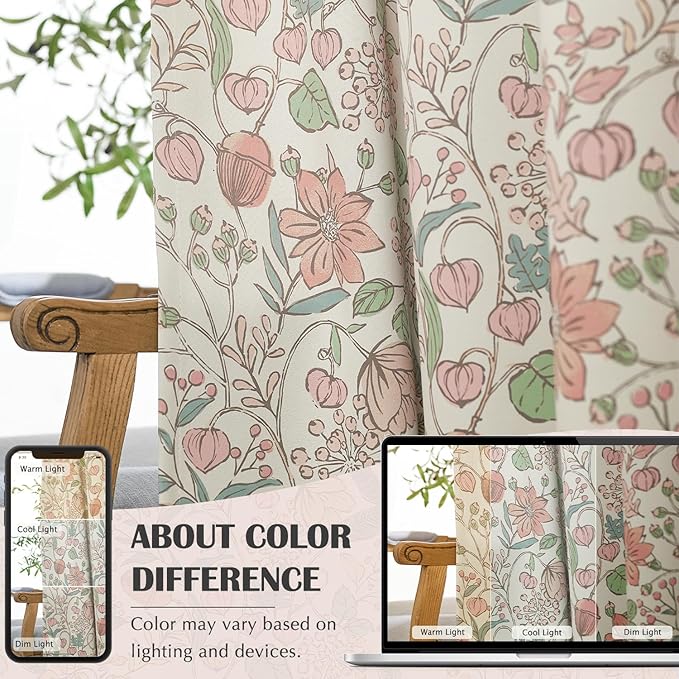 jinchan Nursery Curtains 95% Blackout Pink 96 Inch Long Floral Curtains for Girls Room, Farmhouse Drapes for Living Room Bedroom Darkening Window Treatment Grommet Top Set of 2 Panels
