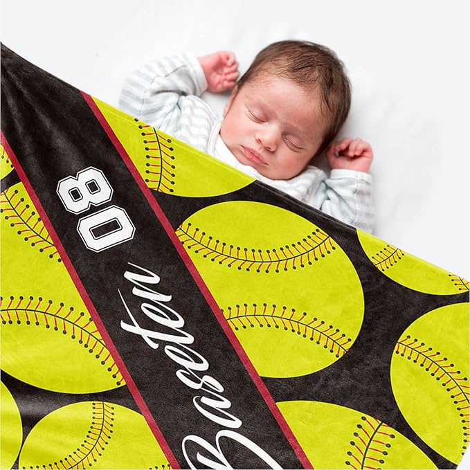 Personalized Softball Baby Blanket Gifts: Custom Soft Flannel Fabric Blankets with Name Number for 0-6 Years Kids Boys Girls - Warm and Comfortable(60X80inch)