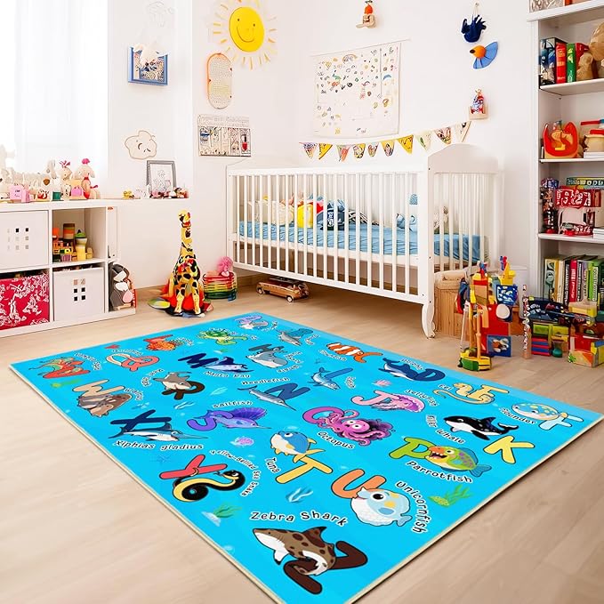 Kids Rugs for Playroom, 7x9 Feet Educational Rug for Learn The ABC Alphabet, Soft Machine Washable Non-Slip Cute Marine Organisms Carpet for Classroom Toddler Nursery Kids Room Decor, Blue