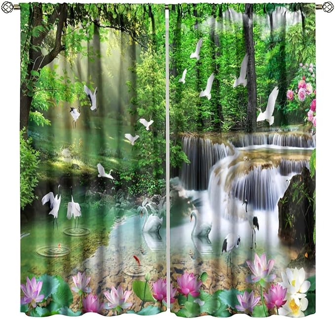Nature Blackout Curtain, Waterfall Landscape Forest Swan Fish Pattern Rod Pocket Window Drapes, for Bedroom Living Room 52" W X 84" L