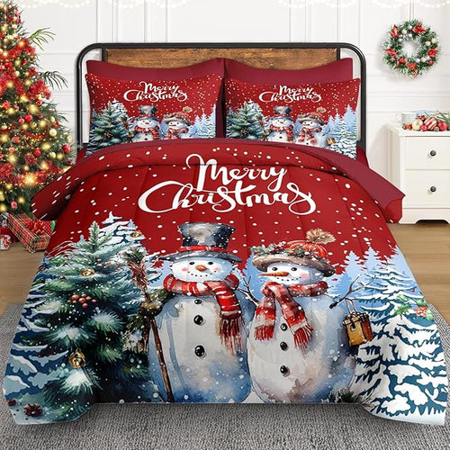 7 Pcs Queen Size Christmas Comforter Set with 2 Pillowcases & 2 Shams, Winter Wonderland Bedding for Kids and Adults, Happy Snowman Bed in a Bag with Flat Fitted Sheet