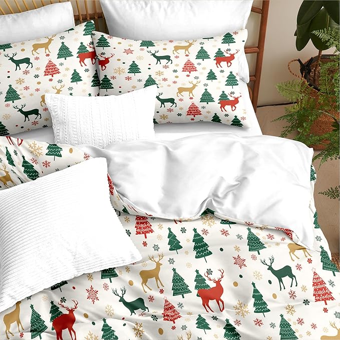 Christmas Duvet Cover King Size Green Christmas Tree Bedding Set 3 Pieces Kids Boys Girls Xmas Deer Pattern Comforter Cover with Zipper Closure