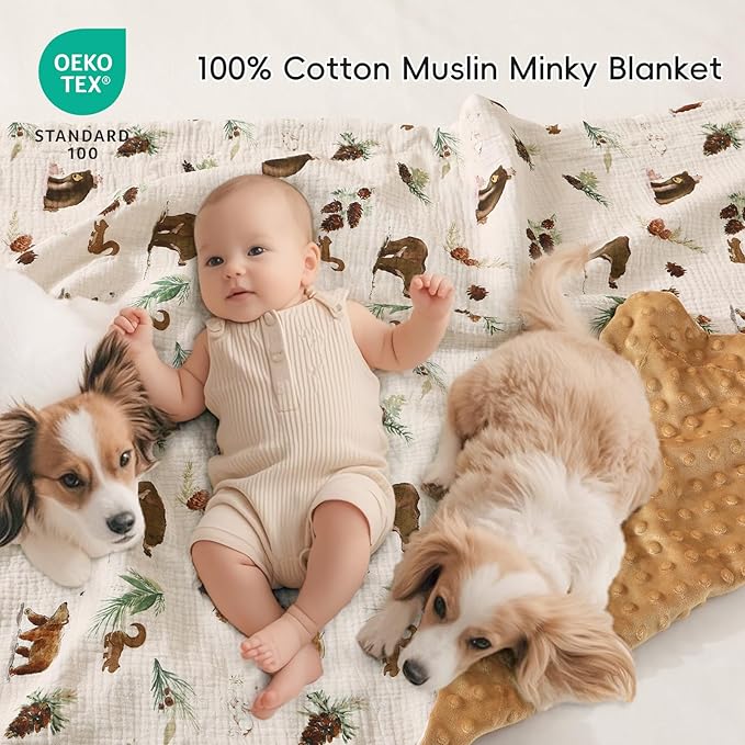 david's kids Muslin Minky Baby Blanket for Boys with Muslin Cotton Front and Dotted Fleece Backing, Breathable and Soft Lightweight Receiving Blanket for Newborns, 40x50 Inches, Woodland Animals