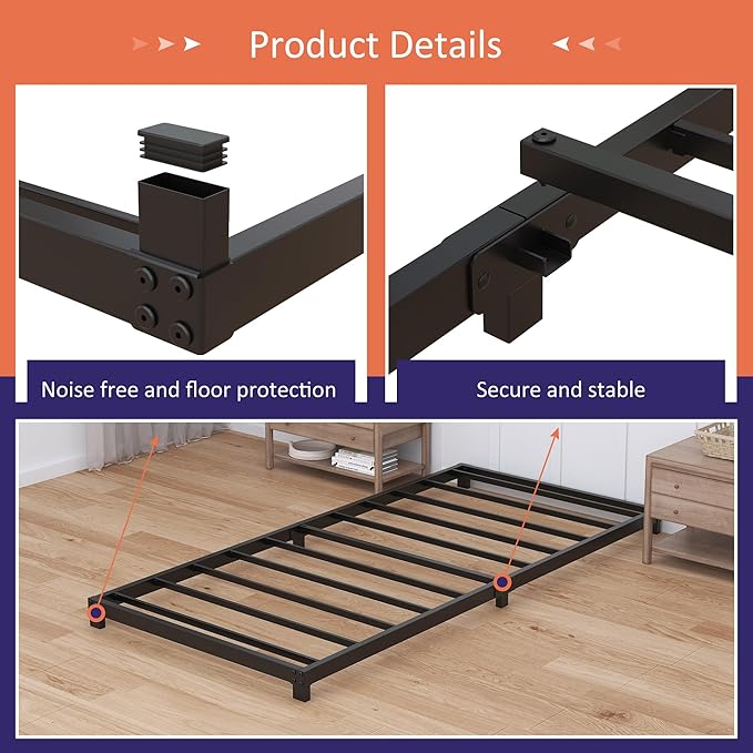 4 Inch Twin Bed Frames Low Profile, Twin Platform Bed Frame No Box Spring Needed, Heavy Duty Metal, Easy Assembly, Black