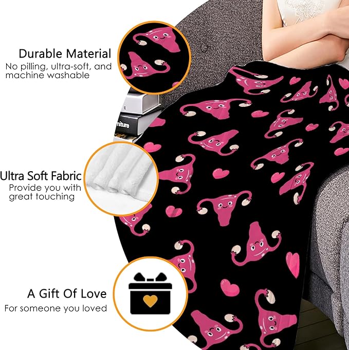 Thuswarm Cute Uterus Heart Flannel Throw Blanket Warm Cozy Soft Funny Print Blankets for Bed Couch Sofa Room Decoration Gifts 80"×60" Large for Adult