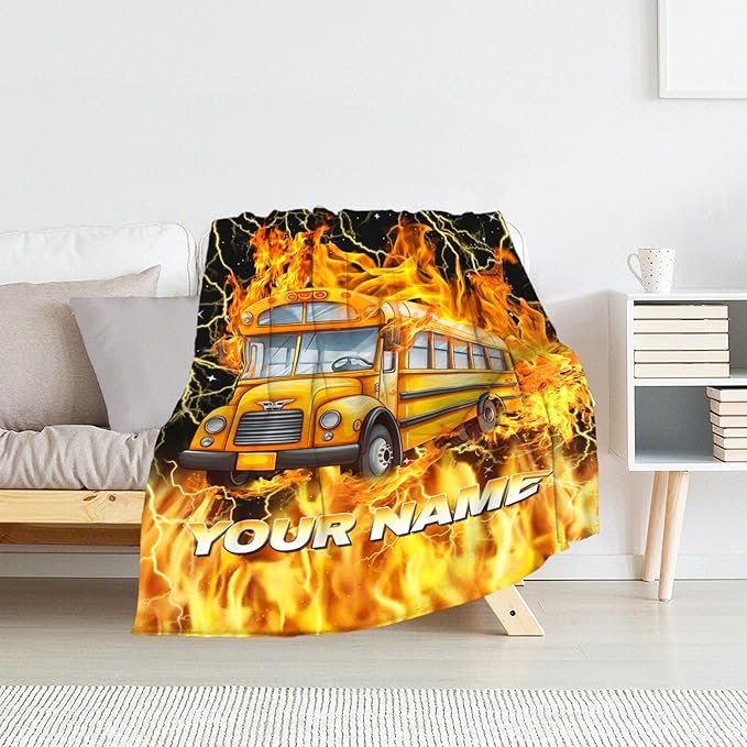 Boys Blanket Gifts Custom School Bus Blankets for Kids, Toddler - Cozy Fuzzy Yellow Flannel School Bus Driver Throws for Couch, Sofa & Bed