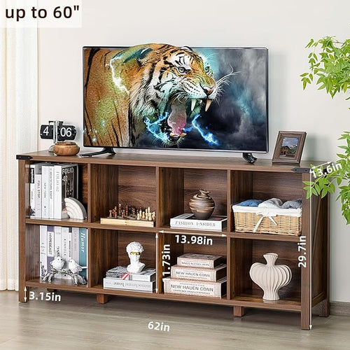 8 Cube Book Shelf, Farmhouse Wood Long Storage Organizer Bookcase, 62" Horizontal Brown Walnut Console Closet Bookshelf, Hallway TV Stand for Entryway, Display Cabinet Book Case for Office