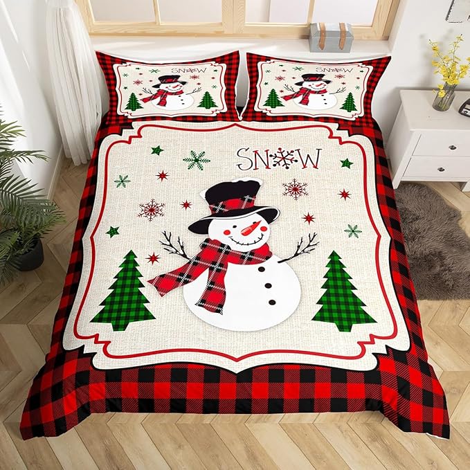 Manfei Cute Snowman Duvet Cover Set Twin Size, Xmas Trees Snowflake Comforter Cover with 1 Pillowcase, Christmas Theme Red Plaid Bedding Set 2pcs for Kids Girls New Year Bedspread Cover,No Comforter